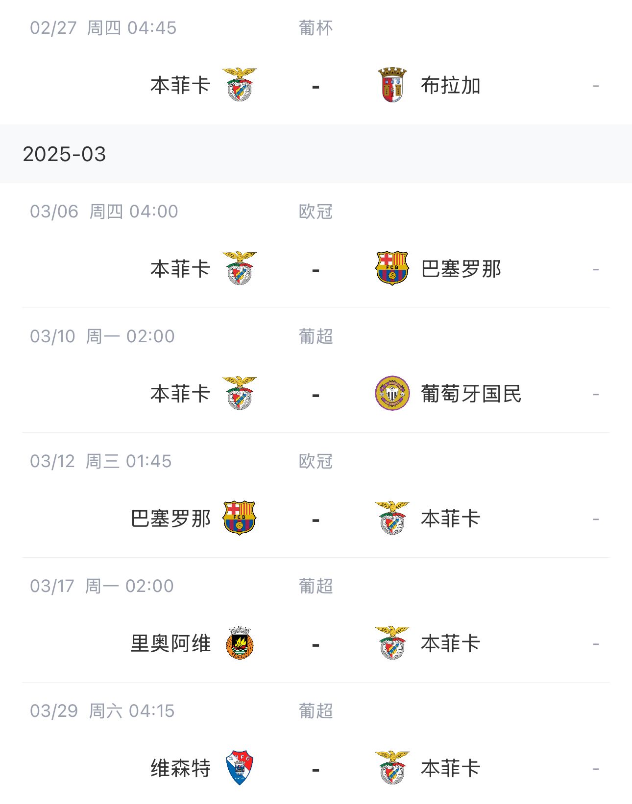  讓路歐冠！本菲卡戰(zhàn)巴薩首回合比賽前的葡超比賽推遲進行