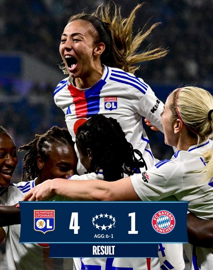  里昂女足4-1大勝拜仁女足，總比分6-1晉級(jí)女足歐冠半決賽